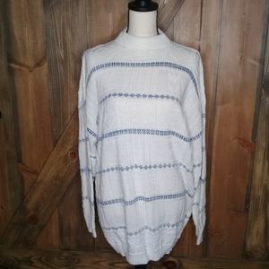 Vintage Grannycore White Blue Stripe Hearts Tulip Knit Sweater Sz Large